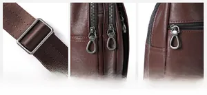 Détails de la ferronnerie vintage et du cuir grainé de ce sac de poitrine marron