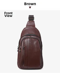 Vue de face du sac bandoulière en cuir tanné végétal marron avec texture de grain de litchi