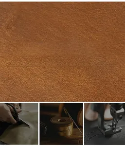 Detail of brown crazy horse leather pouch showing manual cutting and stitching craftsmanship