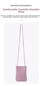 Detail showing high-quality lychee texture on purple cowhide leather crossbody phone bag