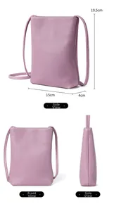 Detailed size chart for purple pebbled leather crossbody bag: 19.5cm x 15cm x 4cm