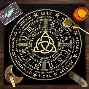 Black and gold Wheel of the Year altar cloth featuring pagan holidays and zodiac symbols