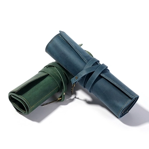 Vintage crazy horse leather roll-up pencil case in dark green and navy blue with key charm