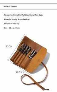 Macro view of vintage brown crazy horse leather roll-up pencil case with 5 pen slots
