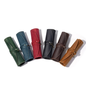 Vintage crazy horse leather roll-up pencil case collection in six vibrant retro colors