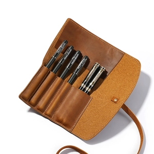 Vintage brown crazy horse leather roll-up pencil case with multi-slot storage