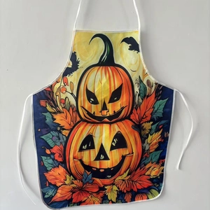 Halloween apron with orange pumpkin faces, autumn maple leaves and black bat silhouettes
