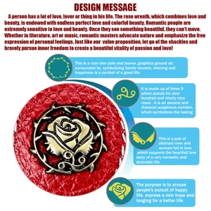 Detail of rose metal emblem on red leather wallet with symbolic vine and couple silhouette