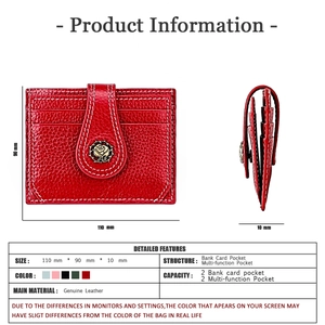 Detail view showing red leather card wallet dimensions and rose metal buckle design