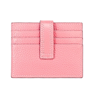 Detailed view of pink pebble leather card holder with multiple slots and a buckle closure