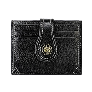 Detail of black pebbled leather card holder with gold rose buckle and white stitching