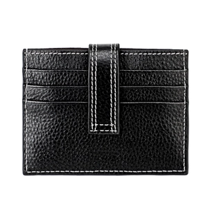 Macro detail of black pebble grain leather wallet with white contrast stitching and card slots