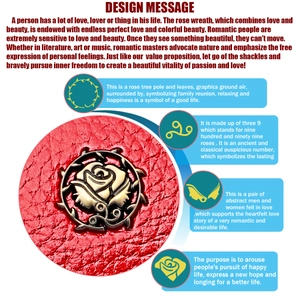Detail of red leather bag showing the vintage golden rose emblem and intricate texture