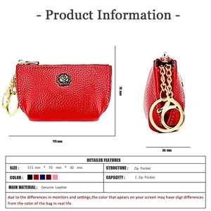 Detailed specs of genuine leather rose coin purse with gold metal chain and dimensions