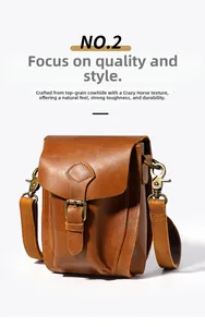 Close-up of crazy horse leather texture and vintage metal buckles on brown bag