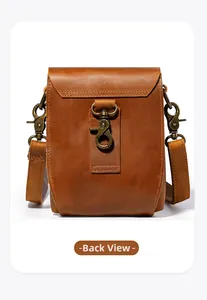 Back view of brown crazy horse leather belt pouch with retro bronze metal hook detail