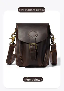 Front view of a dark brown crazy horse leather belt bag with vintage bronze hardware
