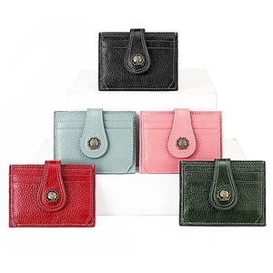 Genuine Leather RFID Blocking Card Holder Wallet With Rose Metal Buckle Vintage Litchi Grain Slim Credit Card Case For Unisex