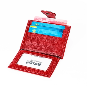 Red genuine leather RFID blocking card wallet with secure snap button closure