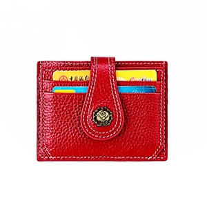 Red genuine leather RFID card holder with rose metal snap and contrast stitching