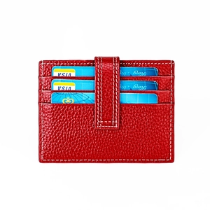 Red genuine leather RFID blocking card holder wallet with lychee pattern and snap closure