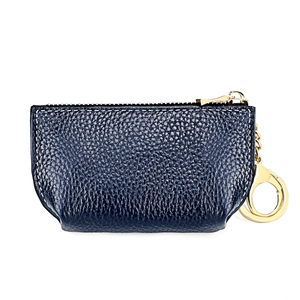 Detailed close-up of navy blue pebbled leather coin purse with gold zipper and metal hook