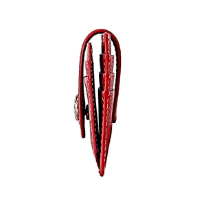 Red leather card holder with multi-layer slots and white stitching for RFID protection