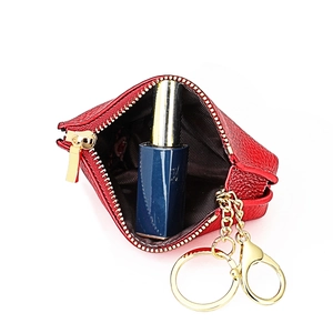 Red lychee grain leather rose coin purse with gold zipper and keychain for lipstick storage