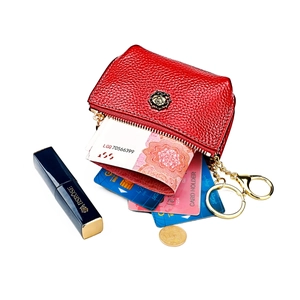 Red genuine leather rose coin purse with key ring hook and floral gold metal ornament