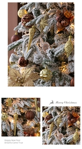 Detail von goldenen und bronzenen Weihnachtskugeln mit warmen LED-Lichtern am weißen Schneebaum