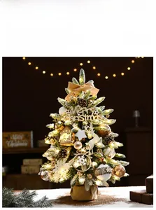 Mini tabletop Christmas tree with flocked snow effect and warm LED lights on a burlap base