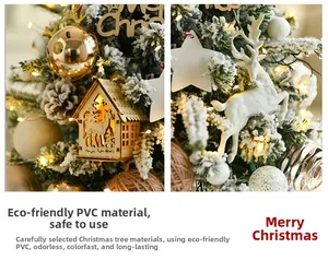Detail of eco-friendly PVC snowy Christmas tree with warm lights and festive ornaments