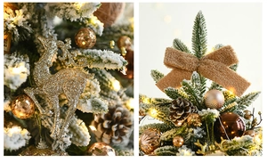 Detail of flocked Christmas tree with champagne reindeer ornaments and LED lights
