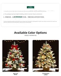 Close-up of mini snow-flocked Christmas trees with warm LED lights and festive ornaments