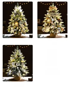Tabletop mini Christmas trees with LED lights in gold, white, and silver decor sets