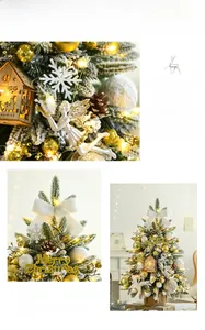 Macro detail of artificial flocked Christmas tree with LED lights and golden ornaments