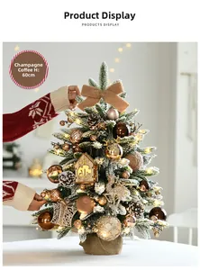 Detailed 60cm tabletop flocked Christmas tree with LED wooden house in champagne gold