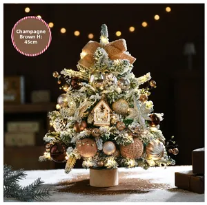 Champagne 45cm mini Christmas tree with snow flocking, LED lights, and ornaments