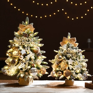 Artificial Christmas Tree With Snowy Flocking PE PVC Mixed Leaves LED Warm Light Desktop Ornament Nordic Festive Home Office Decor