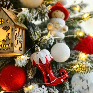 Mix set of snowy Christmas tree ornaments with glowing wooden house and plush snowman