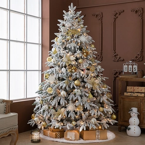 Flocked Christmas Tree Snowy Artificial LED Lights Ornaments Tree Skirt Holiday Home Indoor Decor Warm White