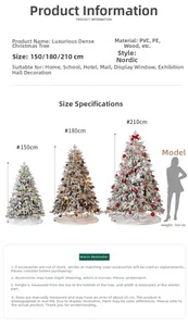 Size chart showing 150cm to 210cm flocked Christmas trees with model for scale