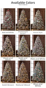 Detail view of nine flocked Christmas tree styles with festive ornaments and gift boxes