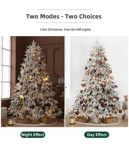 1.8m flocked Christmas tree with warm lights and ornaments in day and night settings