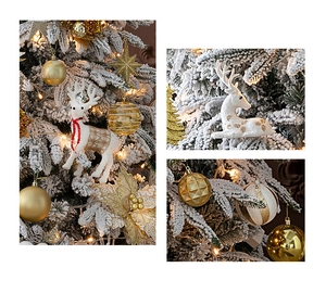 Close-up of gold Christmas ornaments and white glitter reindeer on frosted PE pine branches