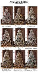 Collage of flocked Christmas tree styles with various ornaments and warm LED lighting