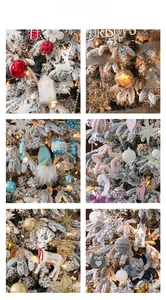 Detail showing plush gnomes and reindeer ornaments hanging on a snowy Christmas tree
