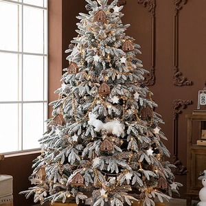 Flocked Artificial Christmas Tree Mixed Leaves Warm LED Lights Tree Skirt Snow Effect PVC PE Materials Home Holiday Party Decor