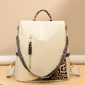 Sac à dos femme beige en oxford avec motifs léopard et fermeture antivol