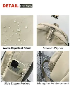 Details von wasserfestem Stoff, glatten Doppelreißverschlüssen und Seitentasche am Rucksack